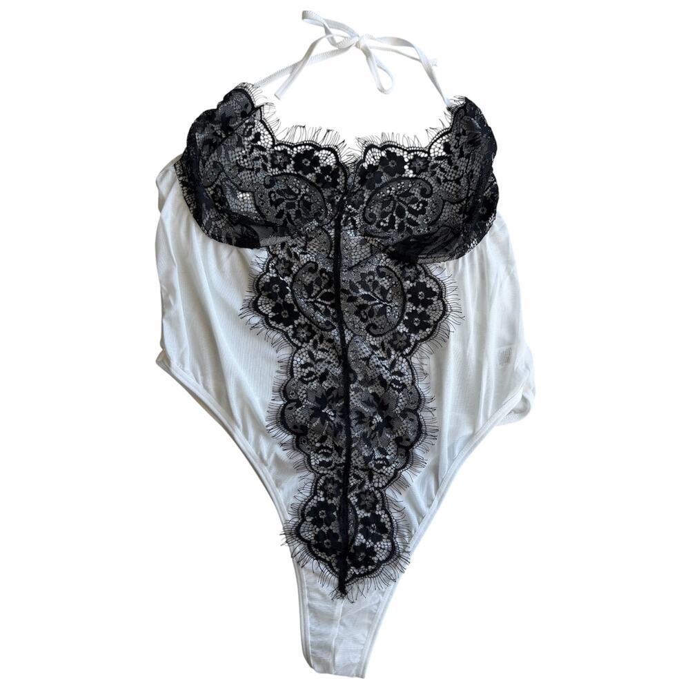 Vintage Style Sheer White Mesh Halter Teddy Black Eyelash Lace Patchwork Size S